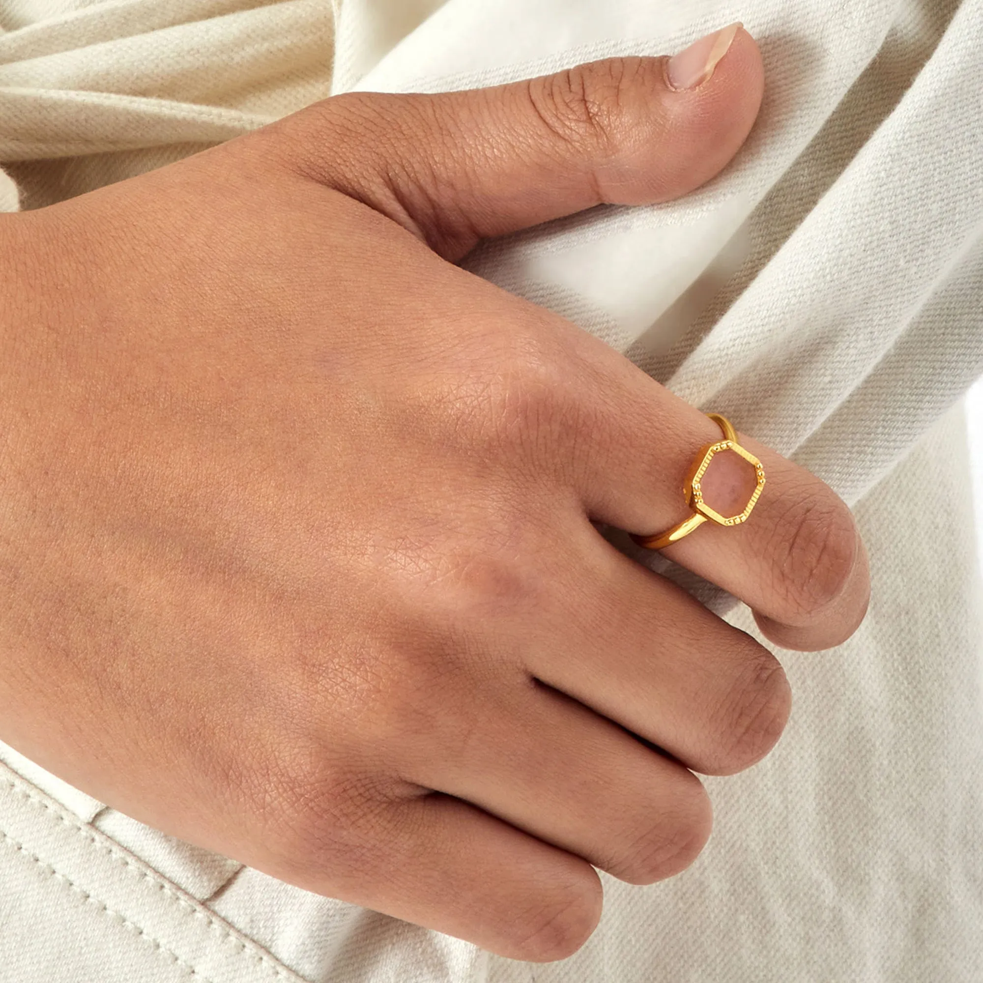 Real Gold Plated Z Hing Stone Square Slice Rose Quartz Ring For Women By Accessorize London-Small