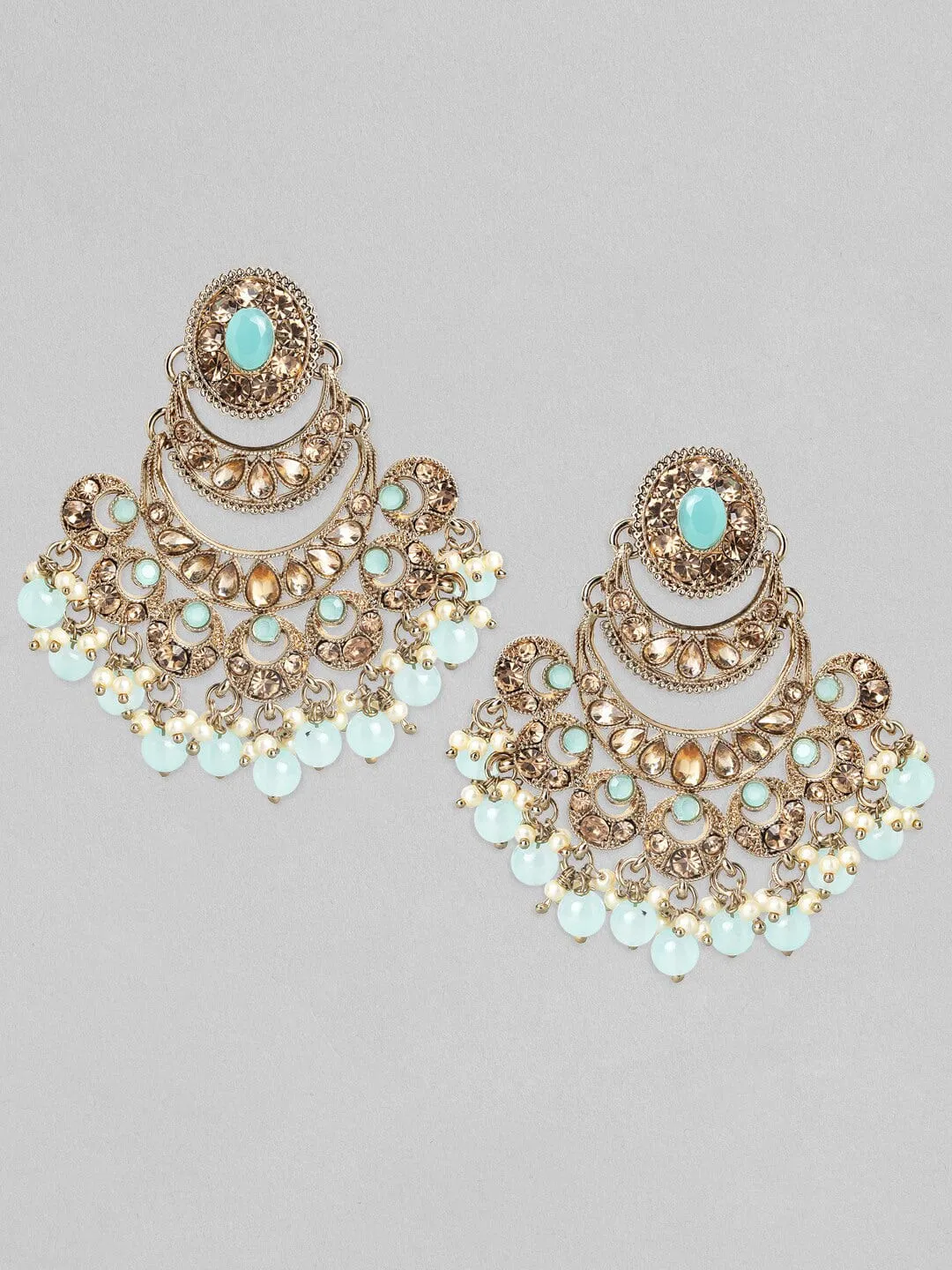 Rubans Gold Plated Handcrafted AD Studded & Sky Blue Beads Chandbali Earrings