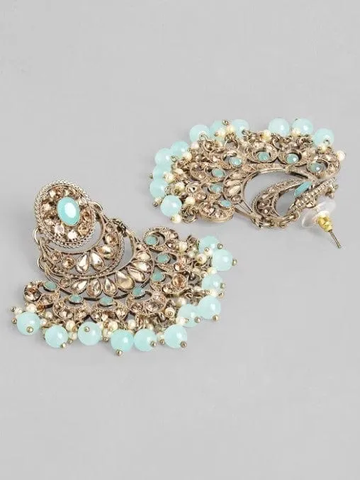 Rubans Gold Plated Handcrafted AD Studded & Sky Blue Beads Chandbali Earrings