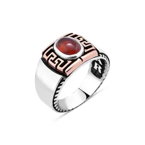 Small Domic Red Agate Stone on Maze Pattern Silver Men's Ring