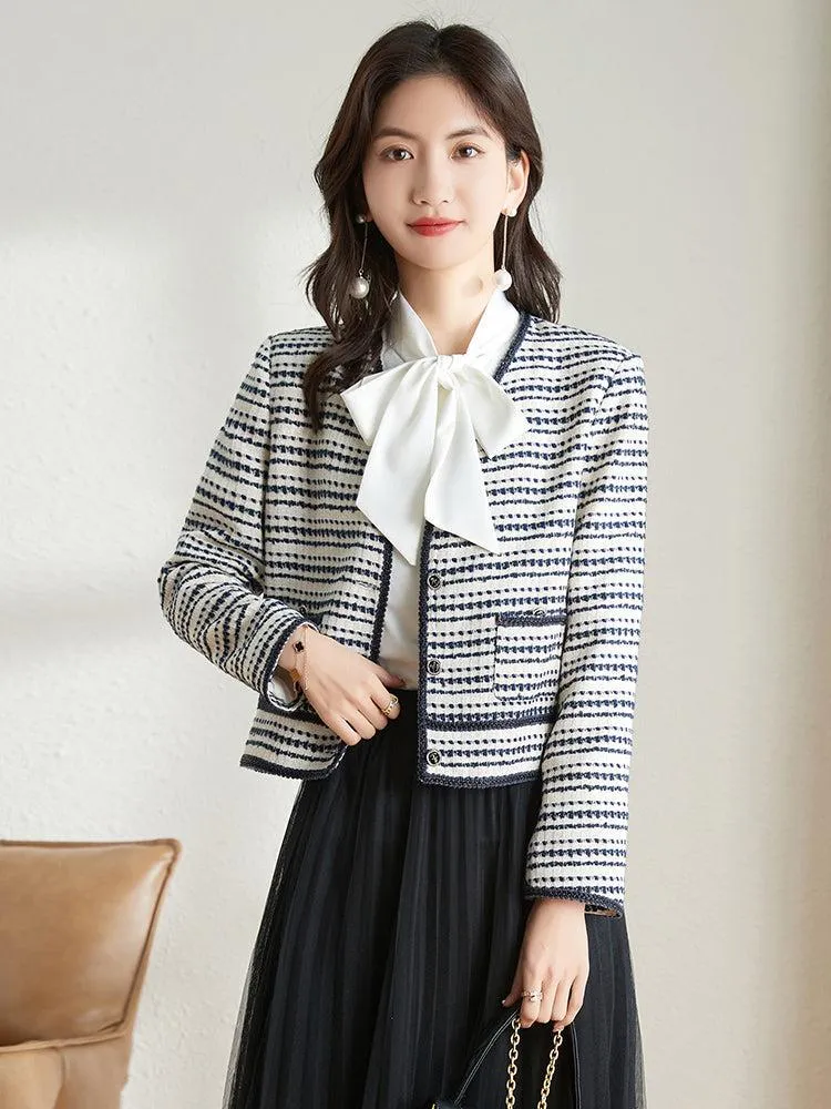 Spring Cream Tweed Jacket Blue Striped Cardigan Blazer Coat