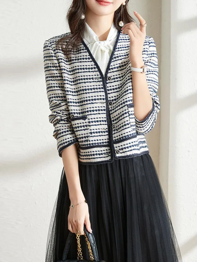 Spring Cream Tweed Jacket Blue Striped Cardigan Blazer Coat