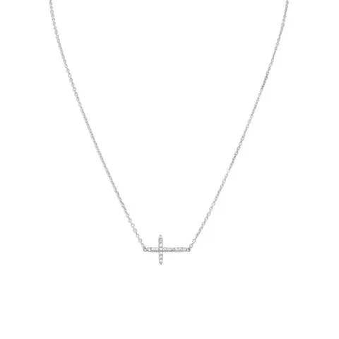 Sterling Silver 16"   2" Rhodium Plated CZ Sideways Cross Necklace for Women