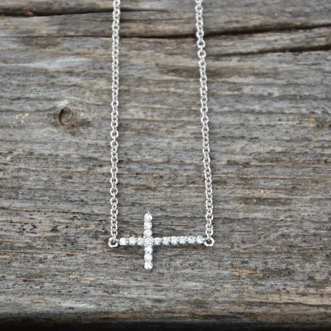 Sterling Silver 16"   2" Rhodium Plated CZ Sideways Cross Necklace for Women