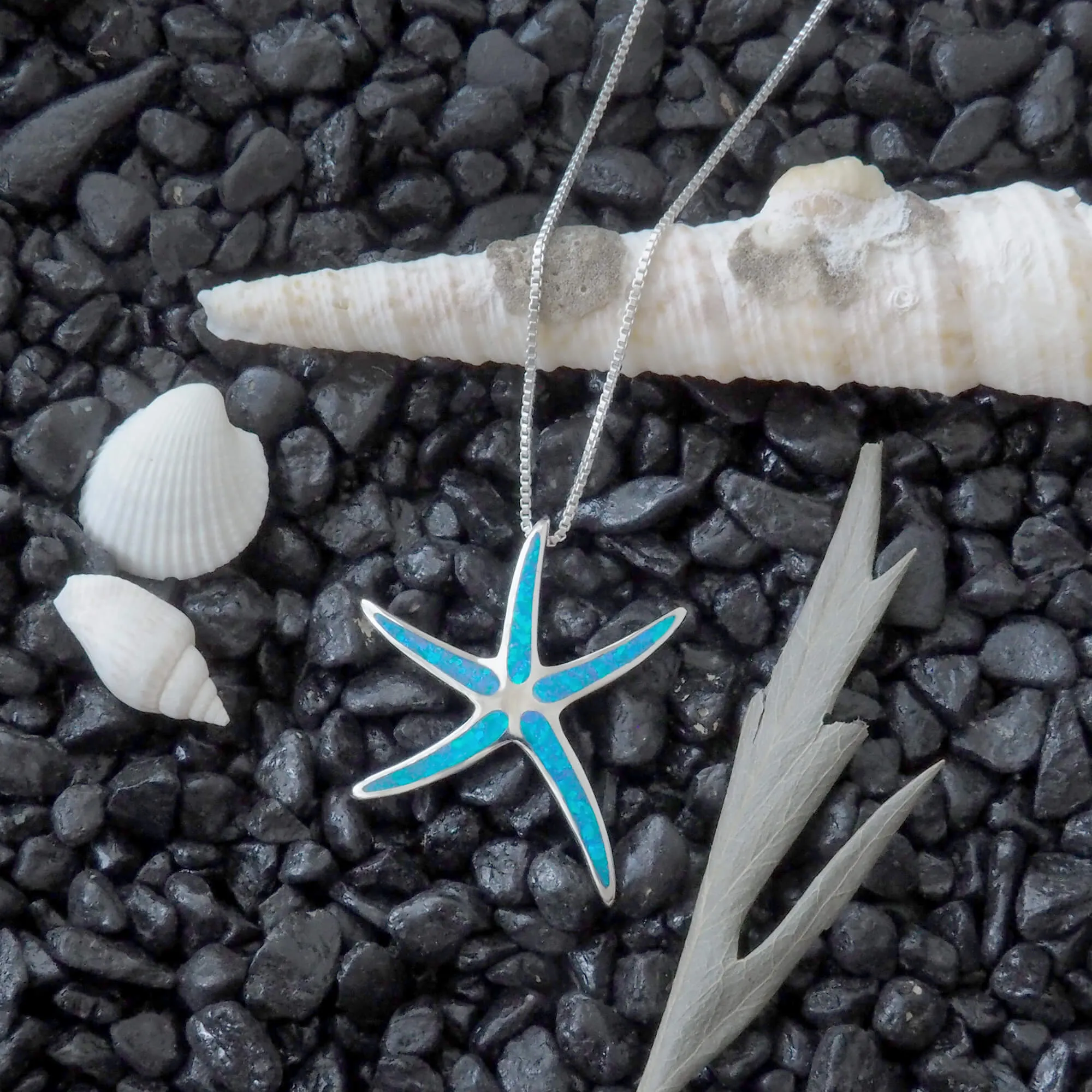 Sterling Silver Synthetic Blue Opal Starfish Pendant Necklace, 16 2" Extender