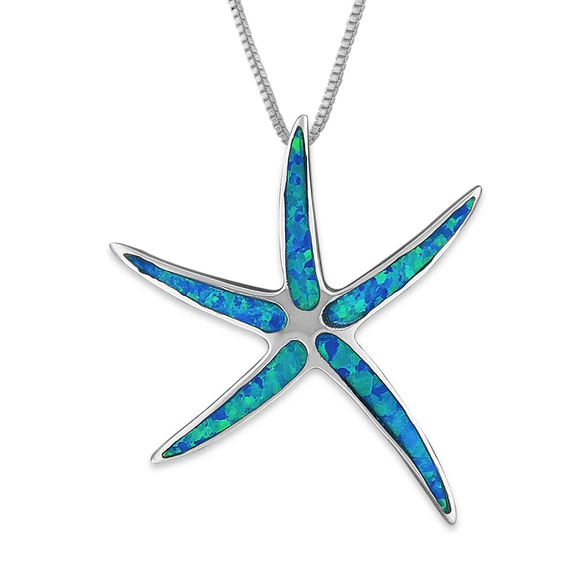 Sterling Silver Synthetic Blue Opal Starfish Pendant Necklace, 16 2" Extender