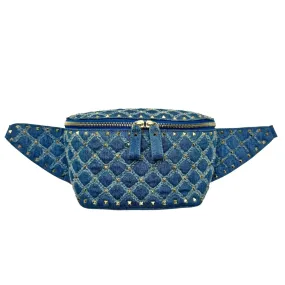 VALENTINO Denim Quilted Rockstud Spike Belt Bag - Blue