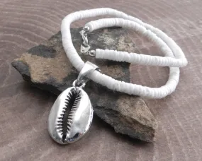 White Pukka Necklace with Cowry Shell Pendant