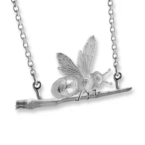 Witch Bee Necklace, Solid Silver Bee Necklace with Bee On Broomstick, Handmade