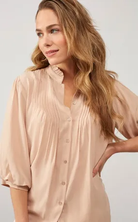 YAYA Tan Pink High Neck Blouse With Ruffles And Short Puff Sleeves